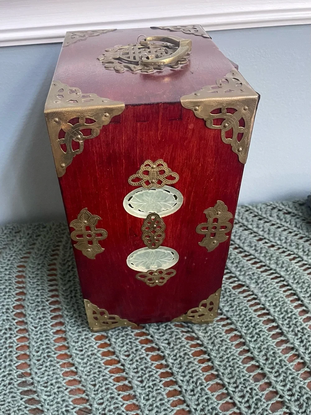 Vintage Chinese Carved Wood Jewelry Box With Jade Inlays & Brass Hardware